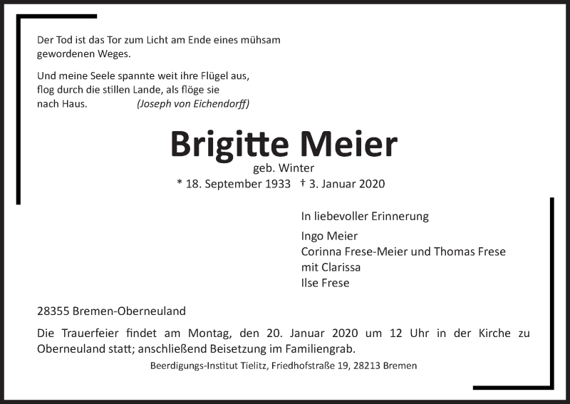 Traueranzeige von Meier Brigitte von WESER-KURIER