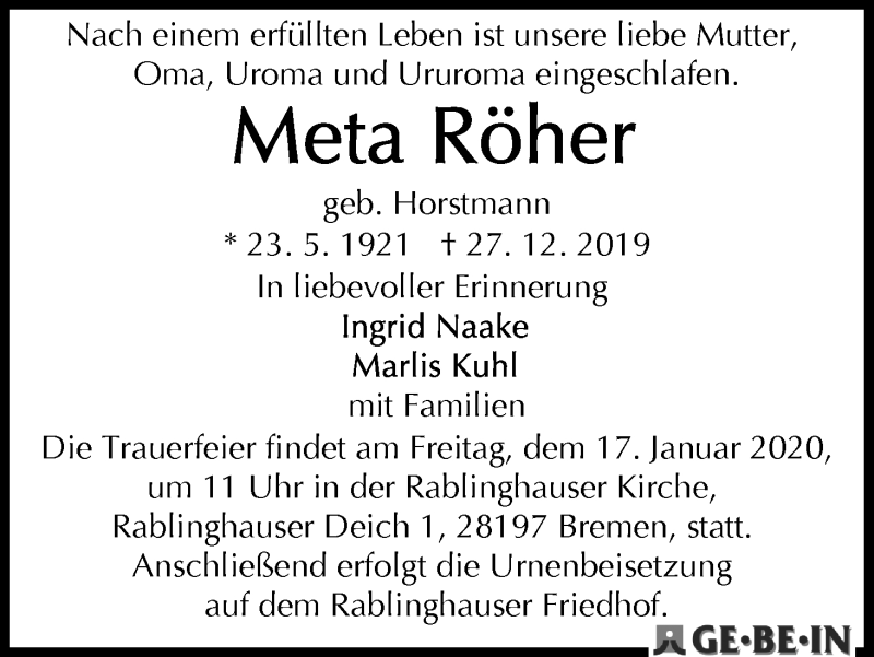Traueranzeige von Meta Röher von WESER-KURIER