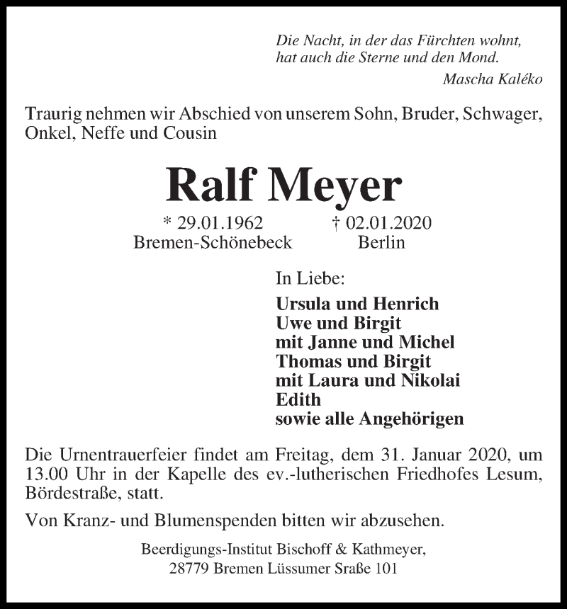 Traueranzeige von Ralf Meyer von Die Norddeutsche