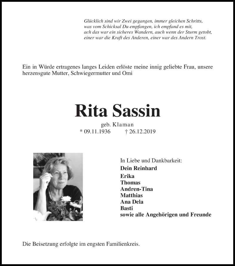 Traueranzeige von Rita Sassin von Die Norddeutsche