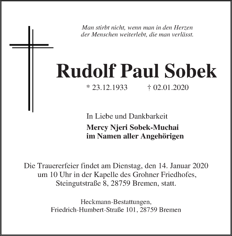 Traueranzeige von Rudolf Paul Sobeck von Die Norddeutsche
