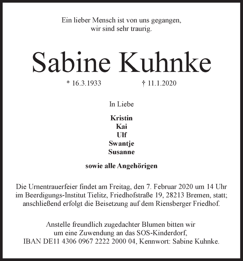 Traueranzeige von Sabine Kuhnke von WESER-KURIER