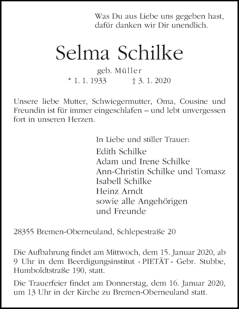 Traueranzeige von Selma Schilke von WESER-KURIER