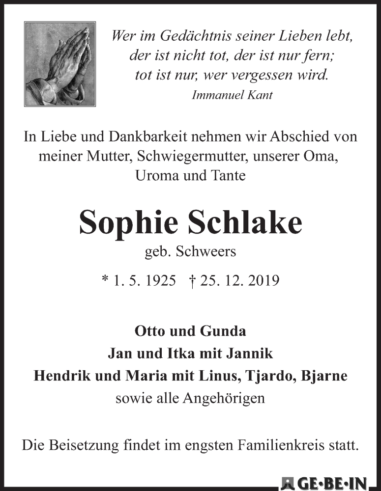 Traueranzeige von Sophie Schlake von WESER-KURIER