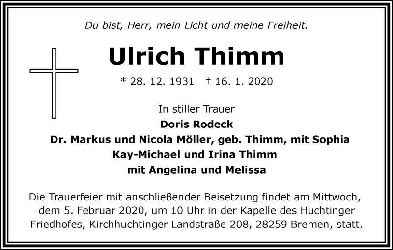 Traueranzeige von Ulrich Thimm von WESER-KURIER