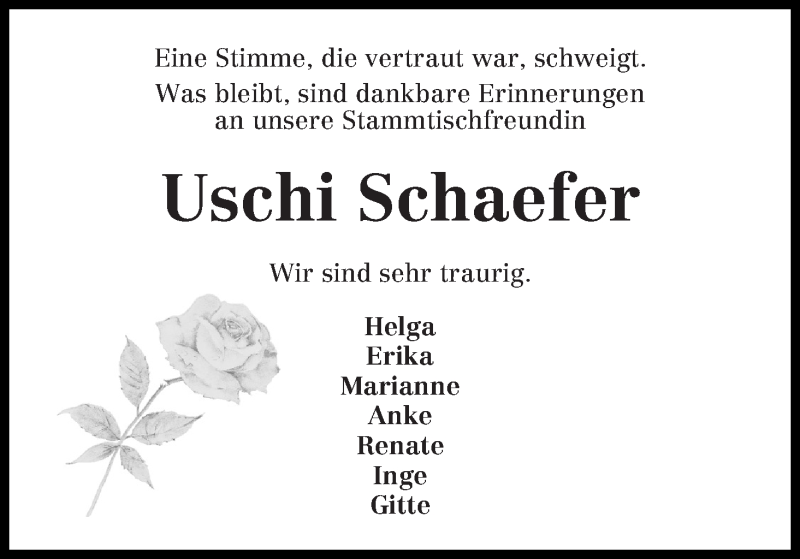 Traueranzeige von Ursula Schaefer von WESER-KURIER