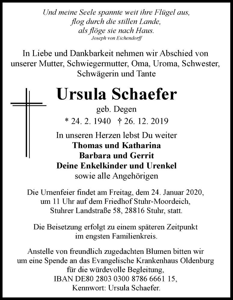 Traueranzeige von Ursula Schaefer von WESER-KURIER