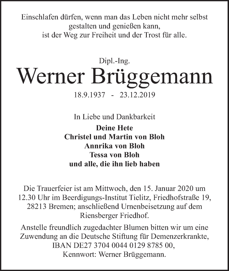 Traueranzeige von Werner Brüggemann von WESER-KURIER