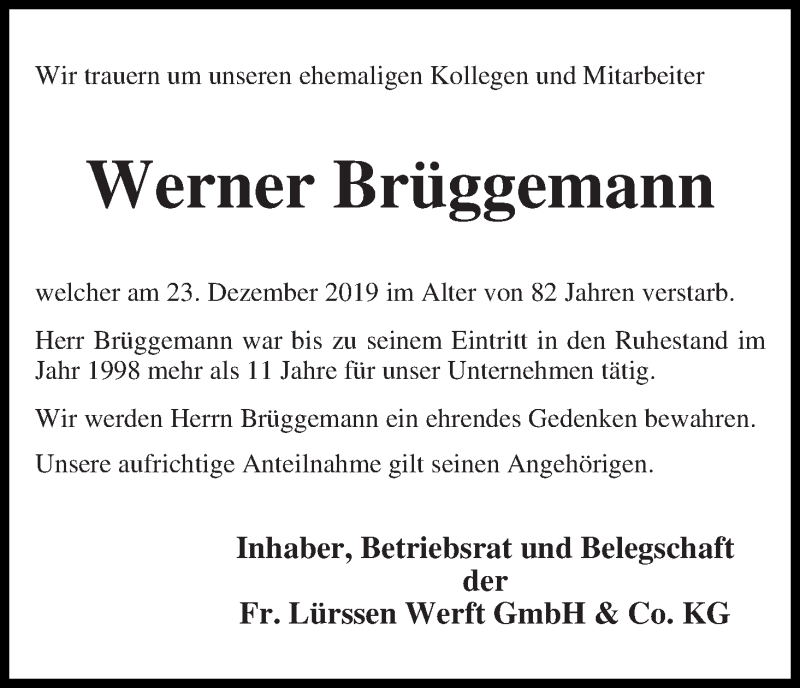Traueranzeige von Werner Brüggemann von Die Norddeutsche