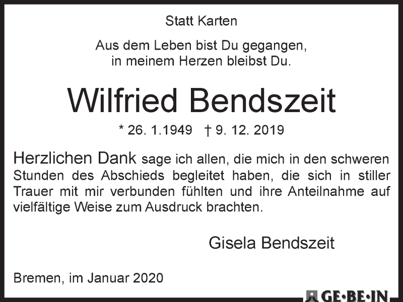 Traueranzeige von Wilfried Bendszeit von WESER-KURIER