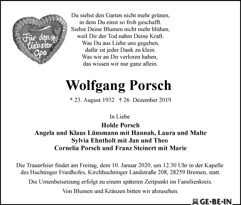 Traueranzeige von Wolfgang Porsch von WESER-KURIER
