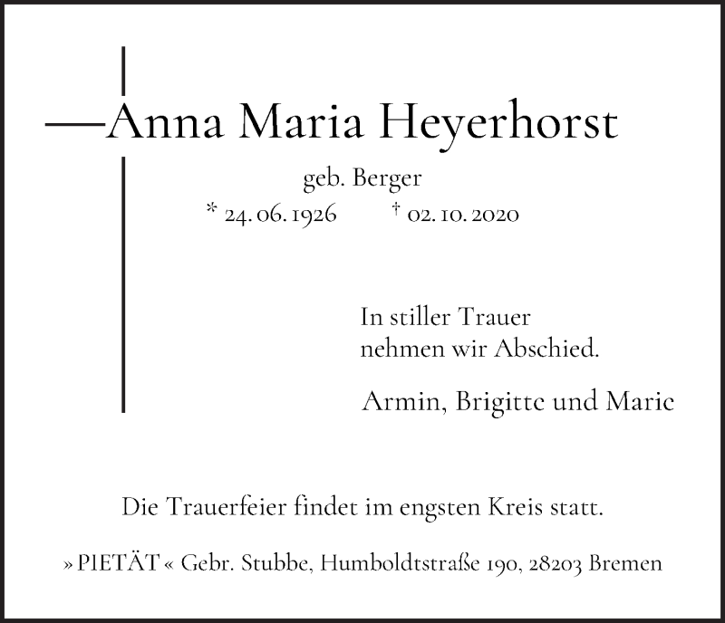 Traueranzeige von Anna Maria Heyerhorst von WESER-KURIER
