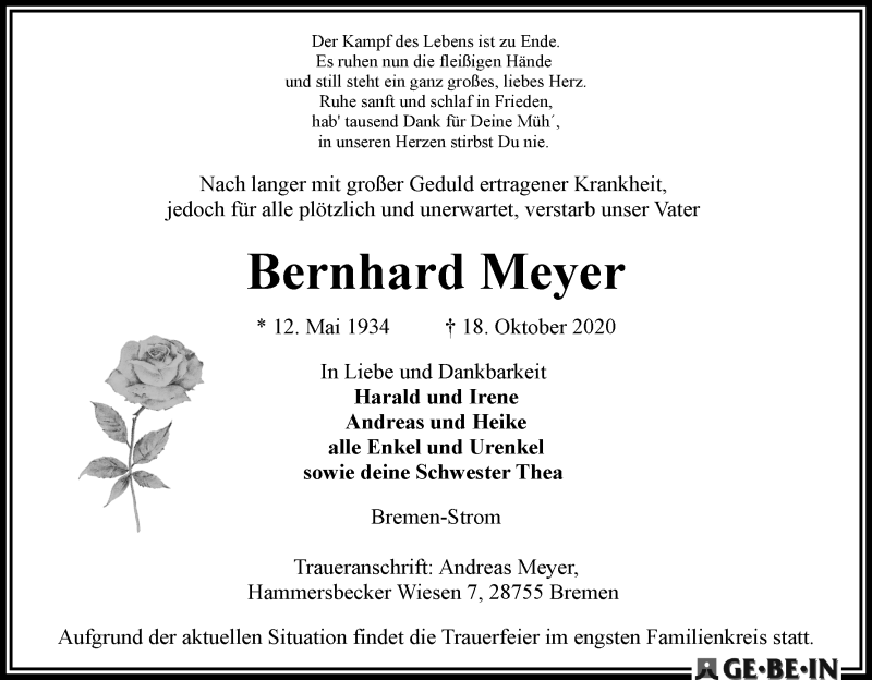 Traueranzeige von Bernhard Meyer von WESER-KURIER