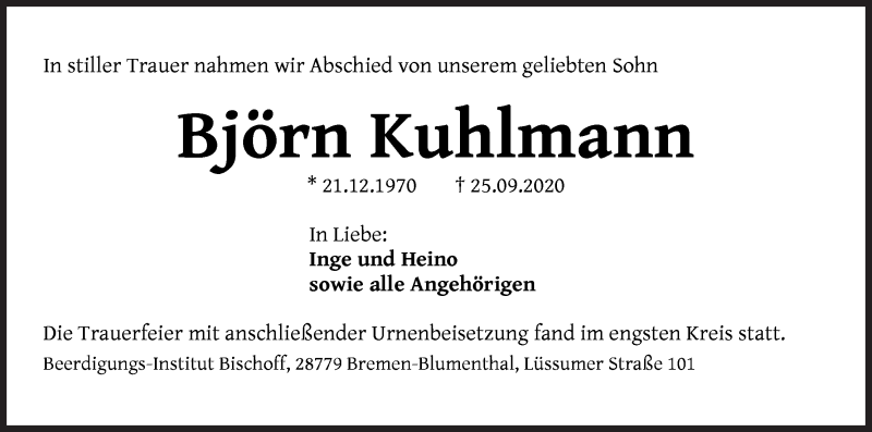 Traueranzeige von Björn Kuhlmann von Die Norddeutsche