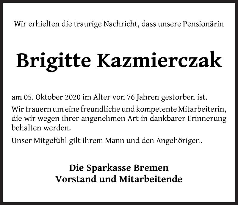 Traueranzeige von Brigitte Kazmierczak von WESER-KURIER