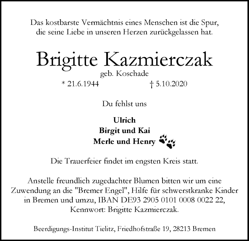 Traueranzeige von Brigitte Kazmierczak von WESER-KURIER