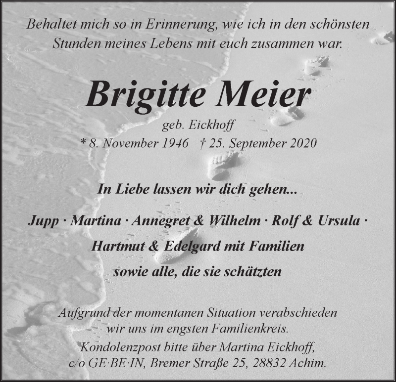 Traueranzeige von Brigitte Meier von WESER-KURIER
