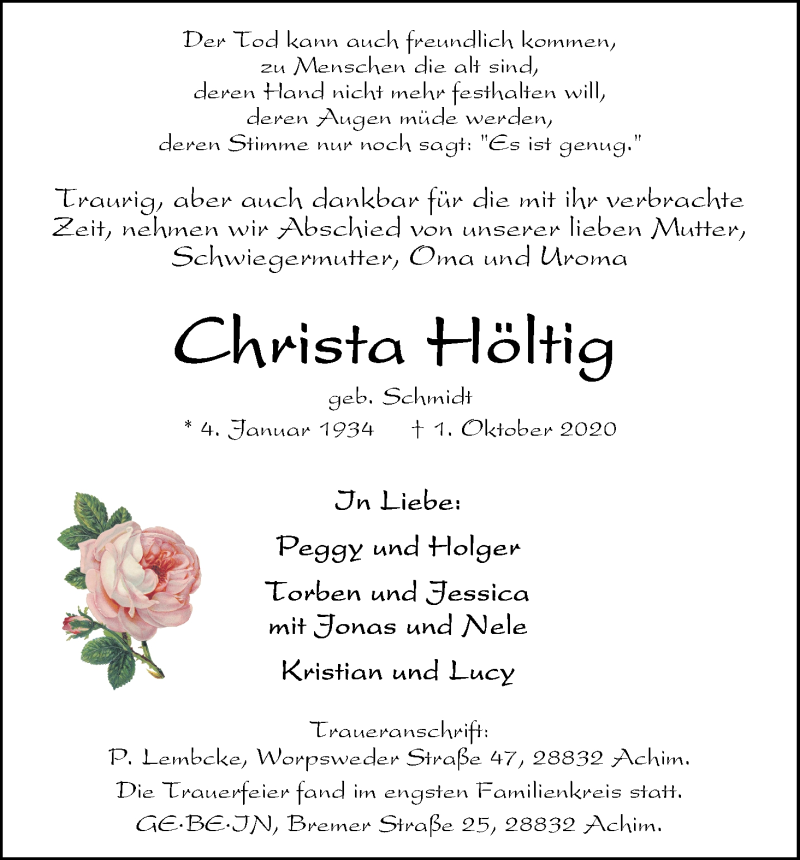 Traueranzeige von Christa Höltig von Achimer Kurier/Verdener Nachrichten