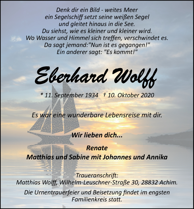 Traueranzeige von Eberhard Wolff von Achimer Kurier/Verdener Nachrichten