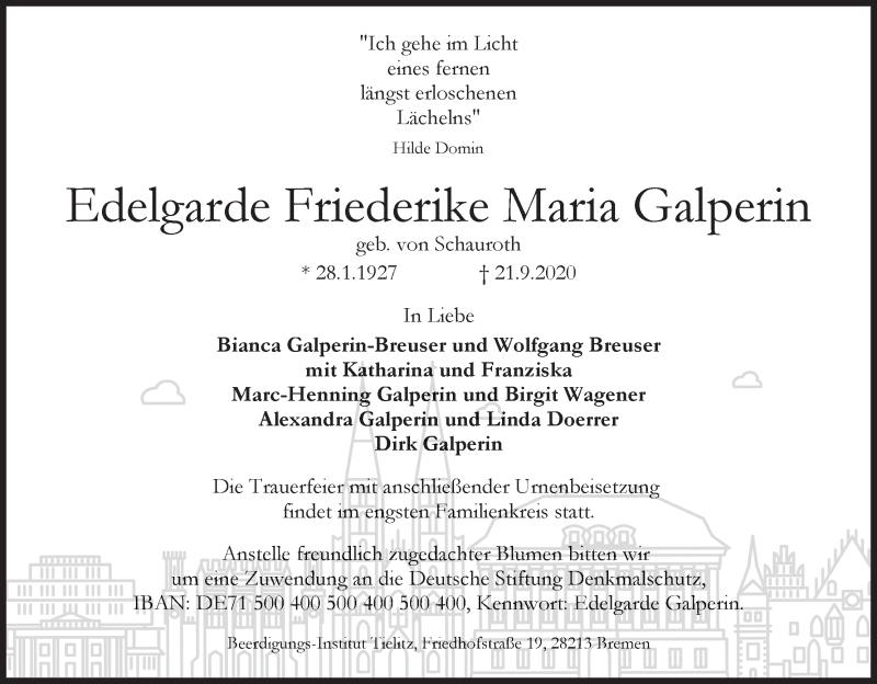 Traueranzeige von Edelgarde Friederike Maria Galperin von WESER-KURIER