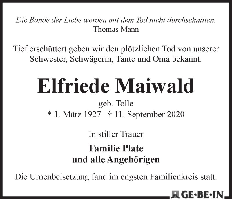 Traueranzeige von Elfriede Maiwald von WESER-KURIER