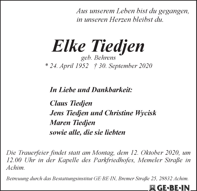 Traueranzeige von Elke Tiedjen von WESER-KURIER