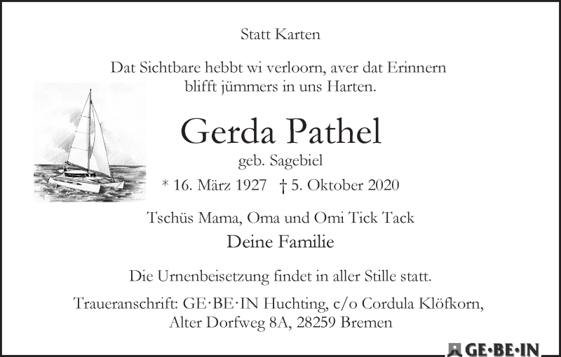 Traueranzeige von Gerda Pathel von WESER-KURIER