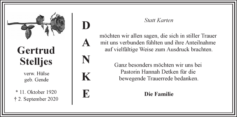 Traueranzeige von Gertrud Stelljes von WESER-KURIER