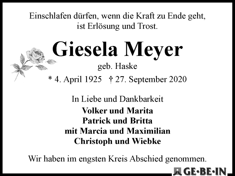Traueranzeige von Giesela Meyer von WESER-KURIER