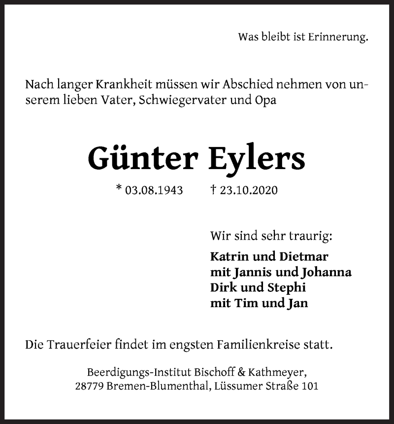 Traueranzeige von Günter Eylers von Die Norddeutsche