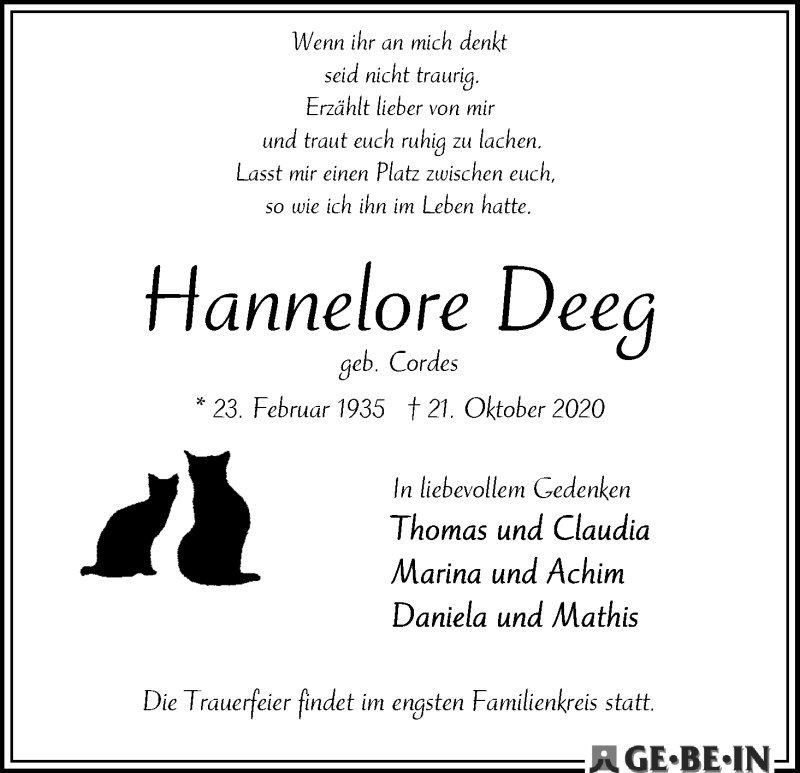Traueranzeige von Hannelore Deeg von WESER-KURIER