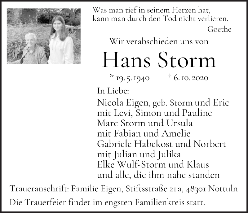 Traueranzeige von Hans Storm von WESER-KURIER