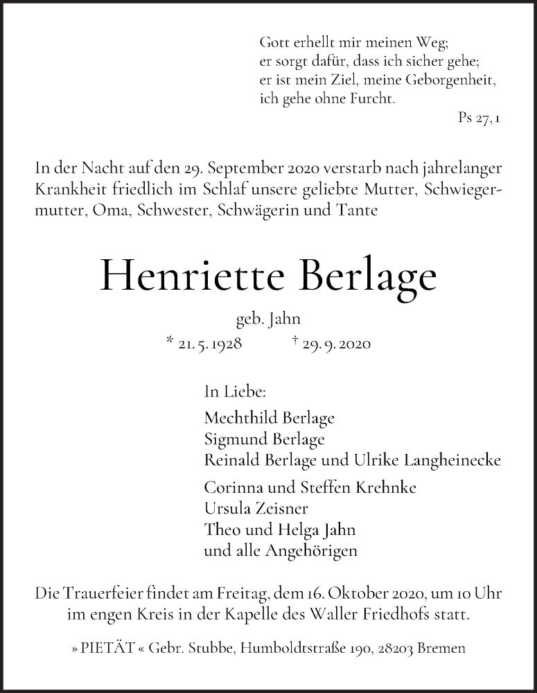 Traueranzeige von Henriette Berlage von WESER-KURIER