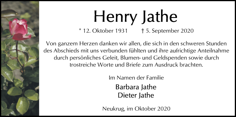 Traueranzeige von Henry Jathe von WESER-KURIER
