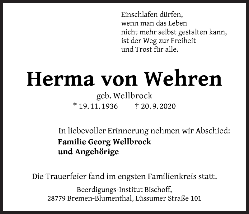 Traueranzeige von Herma von Wehren von Die Norddeutsche