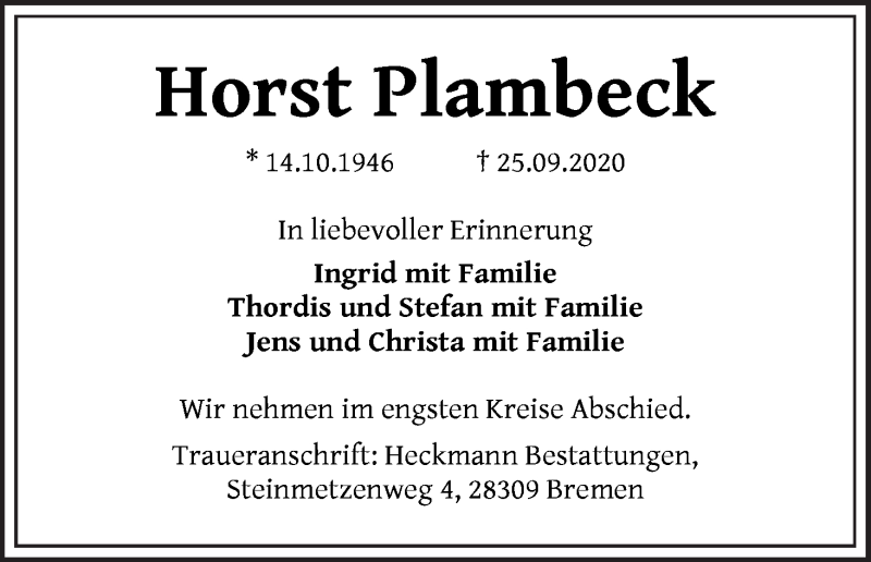 Traueranzeige von Horst Plambeck von WESER-KURIER