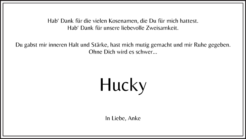 Traueranzeige von Hucky  von WESER-KURIER