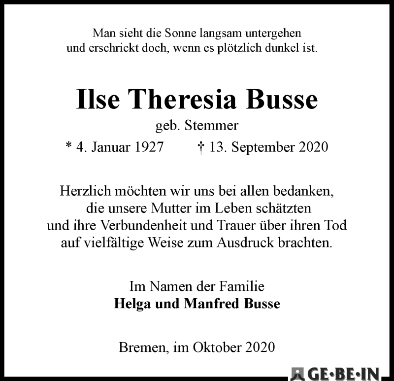 Traueranzeige von Ilse Theresia Busse von WESER-KURIER