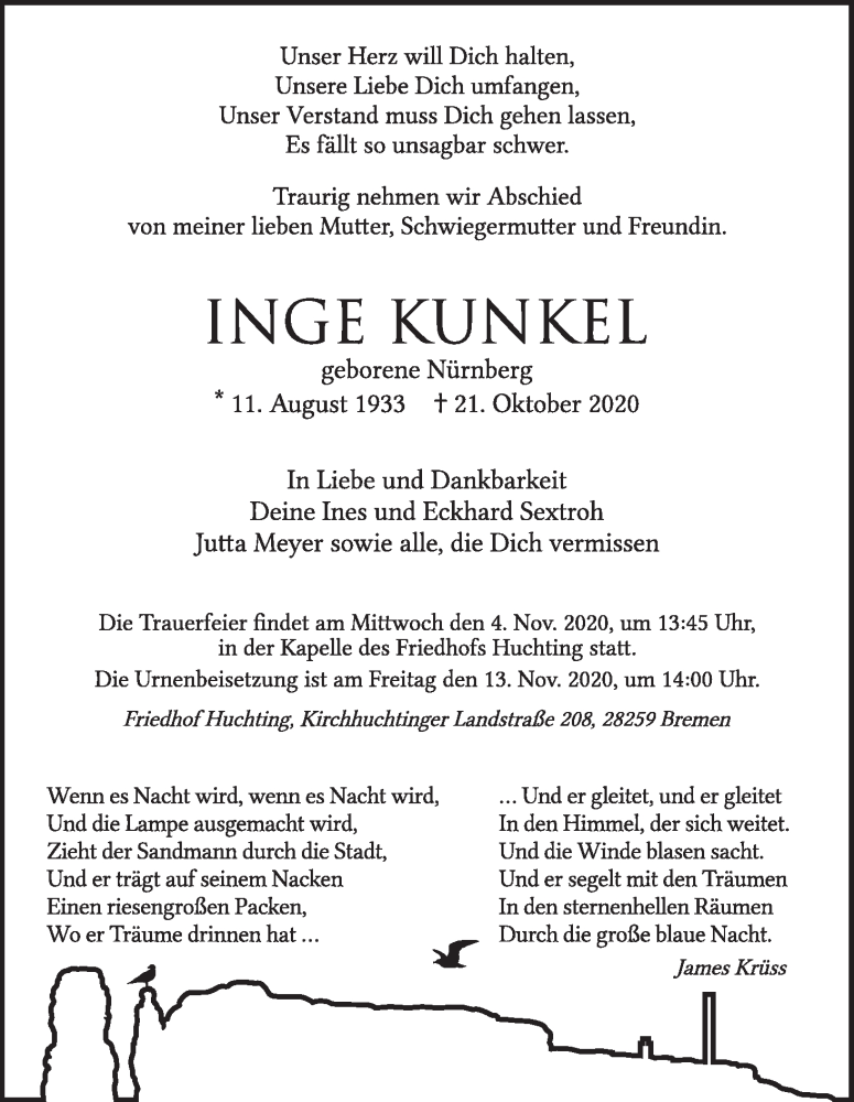 Traueranzeige von Inge Kunkel von WESER-KURIER
