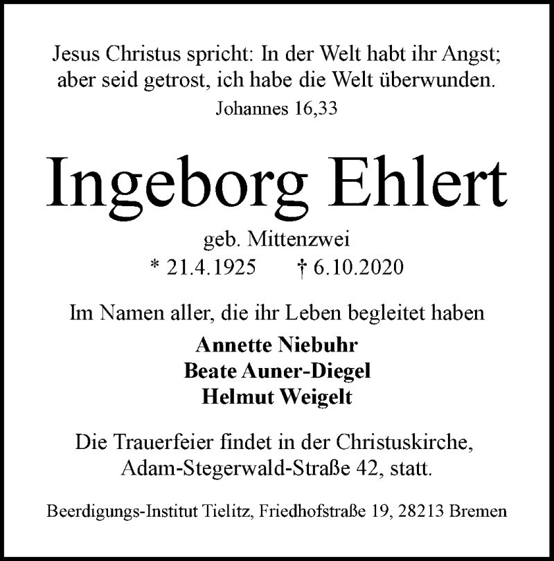 Traueranzeige von Ingeborg Ehlert von WESER-KURIER
