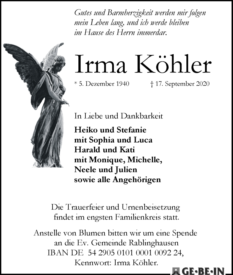 Traueranzeige von Irma Köhler von WESER-KURIER