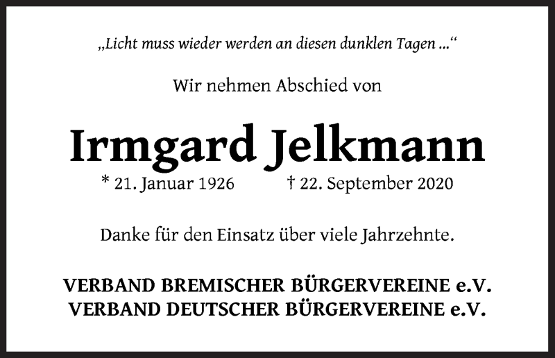 Traueranzeige von Irmgard Jelkmann von Die Norddeutsche