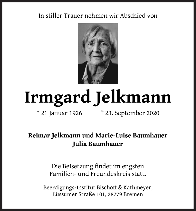 Traueranzeige von Irmgard Jelkmann von Die Norddeutsche