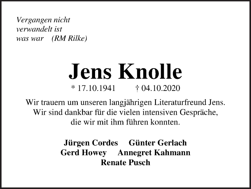 Traueranzeige von Jens Knolle von WESER-KURIER