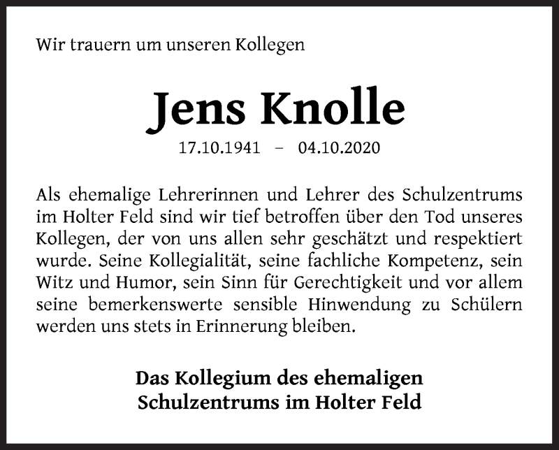 Traueranzeige von Jens Knolle von WESER-KURIER