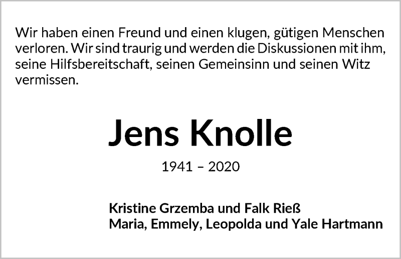 Traueranzeige von Jens Knolle von WESER-KURIER