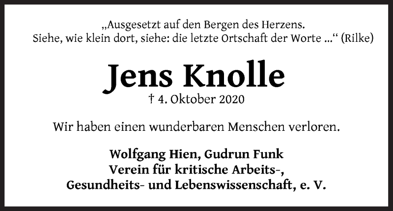 Traueranzeige von Jens Knolle von WESER-KURIER