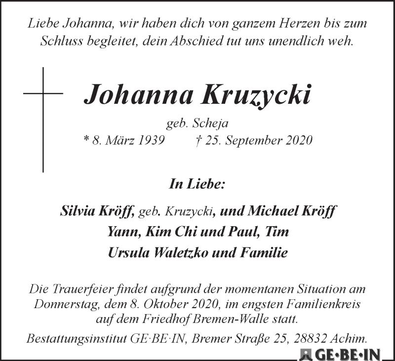 Traueranzeige von Johanna Kruzycki von WESER-KURIER