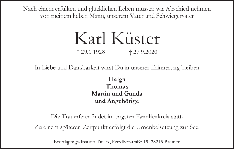 Traueranzeige von Karl Küster von WESER-KURIER