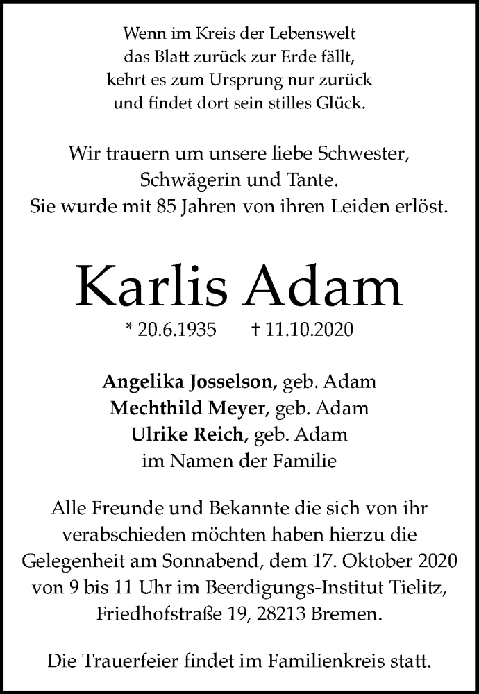 Traueranzeige von Karlis Adam von WESER-KURIER